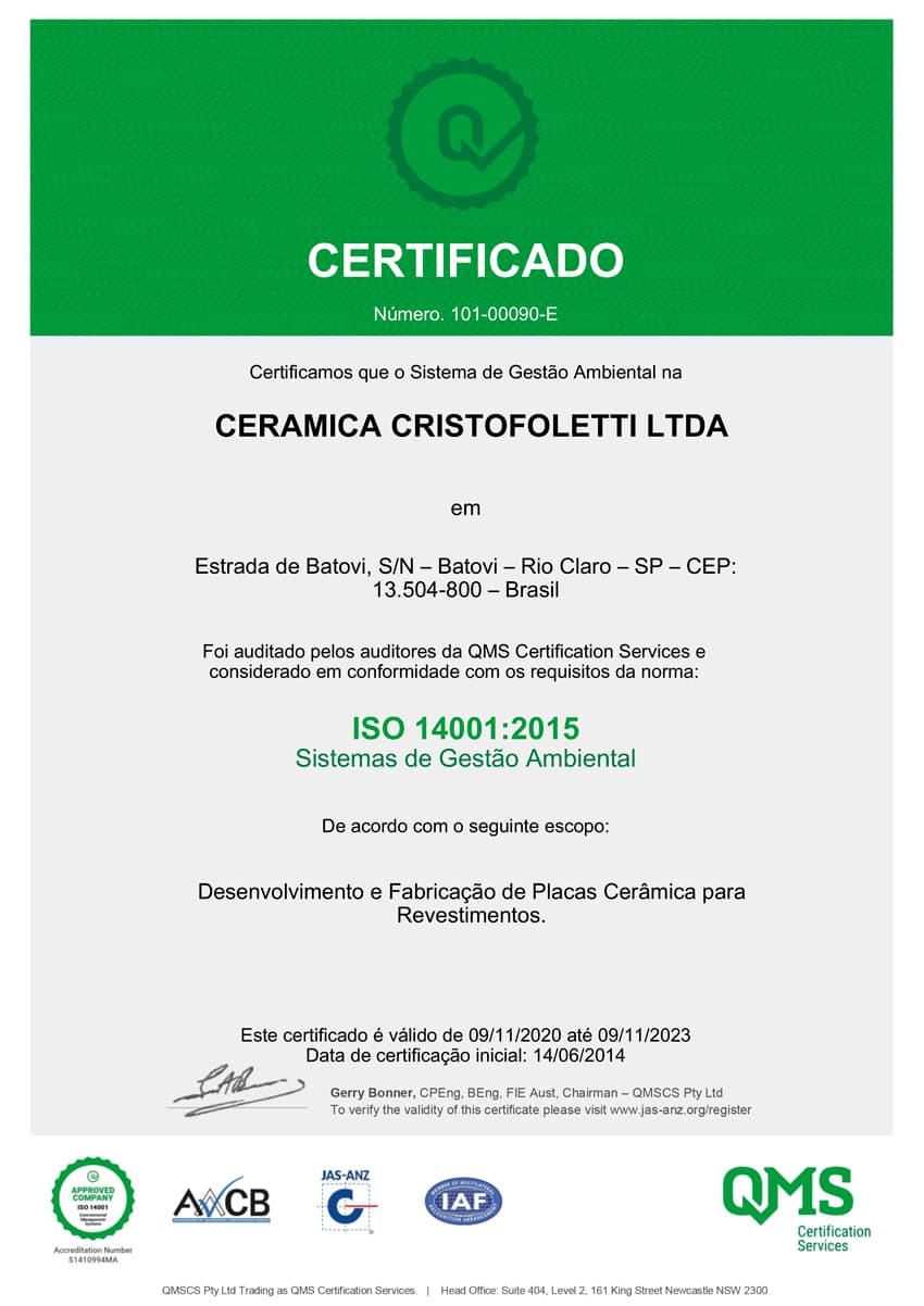 Ceramica Cristofoletti BRAZIL QMS certificates 14001 2020