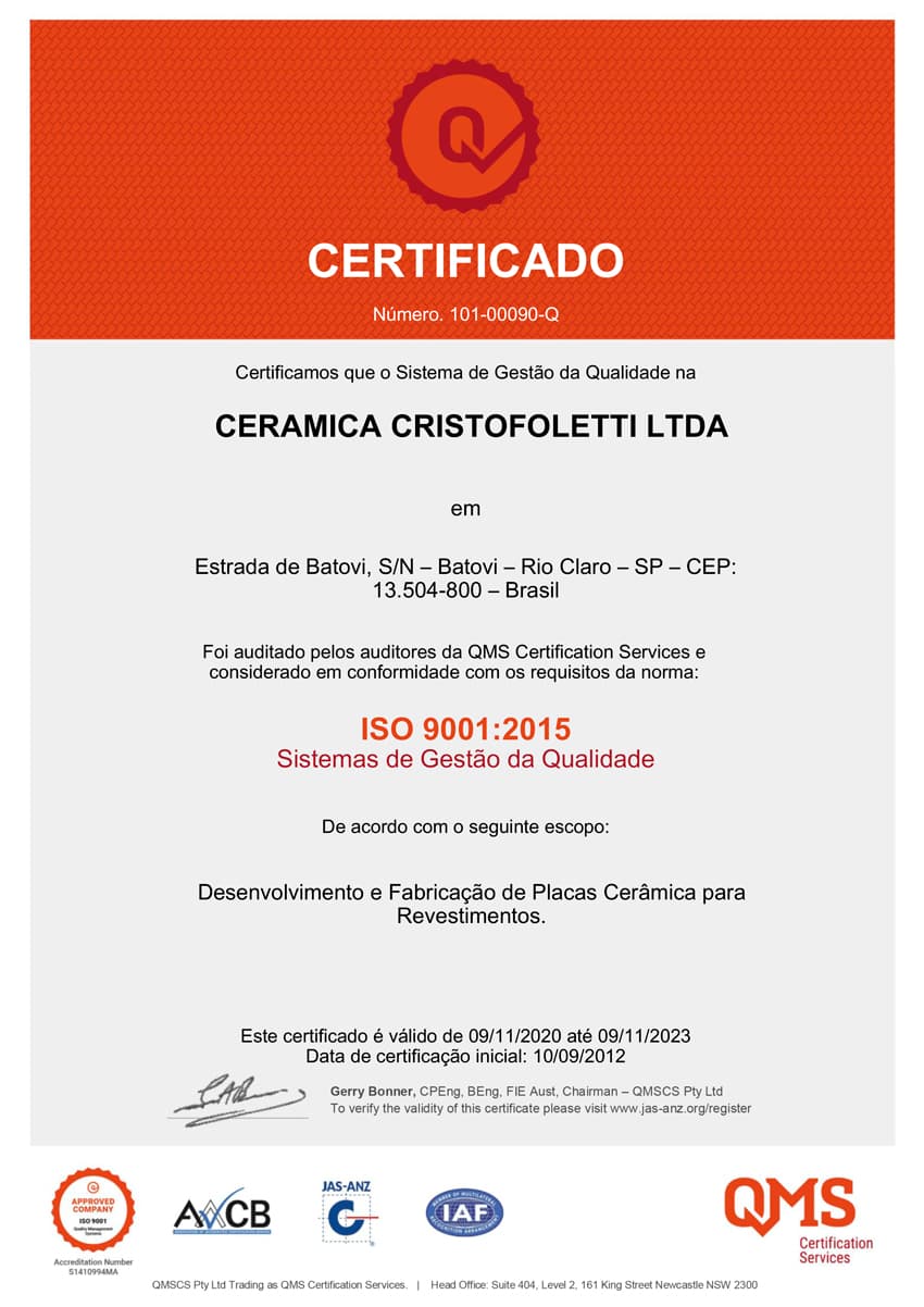 certificate Ceramica Cristofoletti 9001 2020