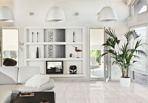 Ambiente sala piso R55127 Travertino Line bege